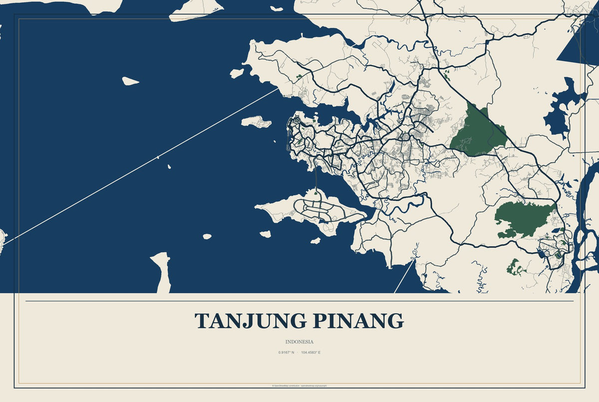 Tanjung Pinang, Indonesia City Map Aluminum Sign in Coastal Cutout style