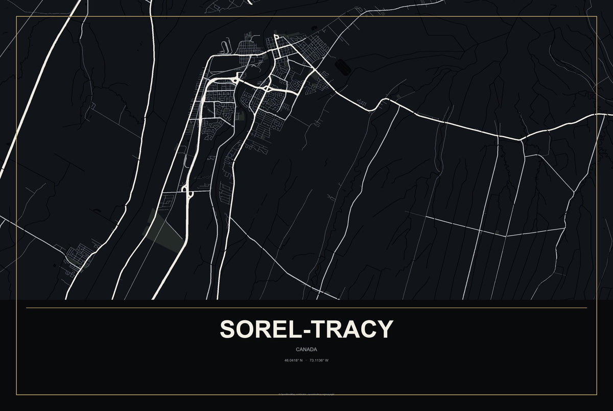 Sorel-Tracy, Canada City Map Aluminum Sign in Metropolitan Noir style