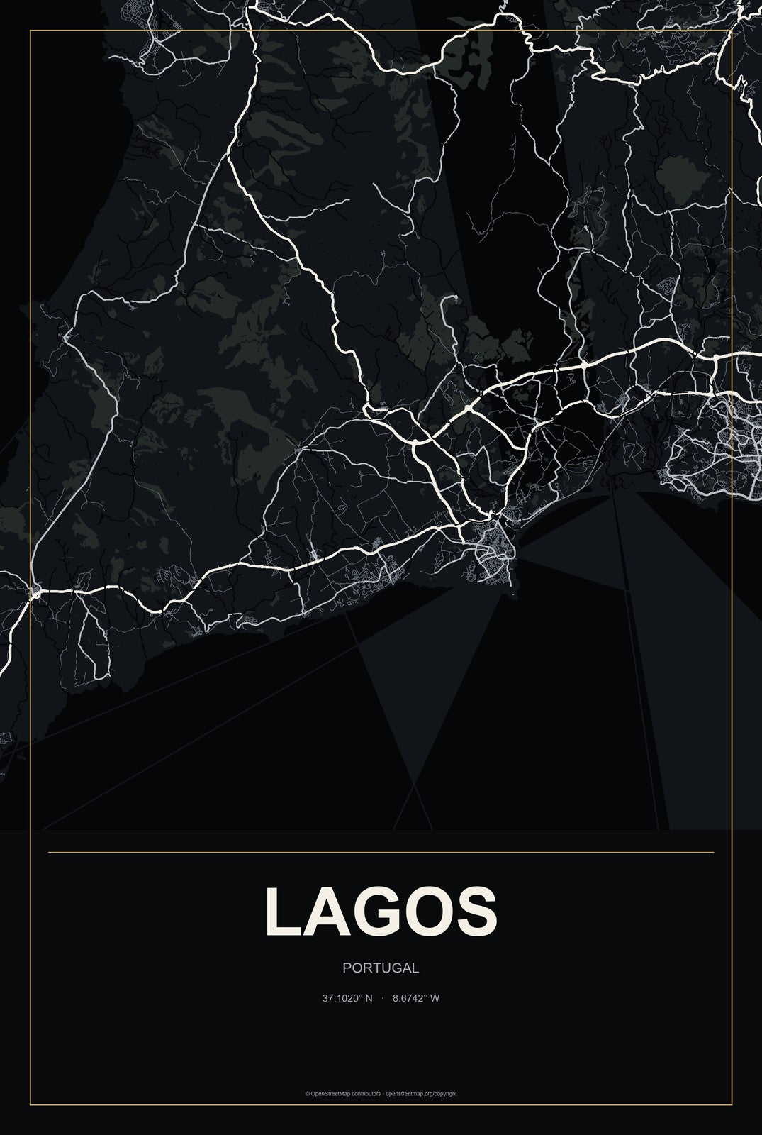Lagos, Portugal City Map Aluminum Sign in Metropolitan Noir style