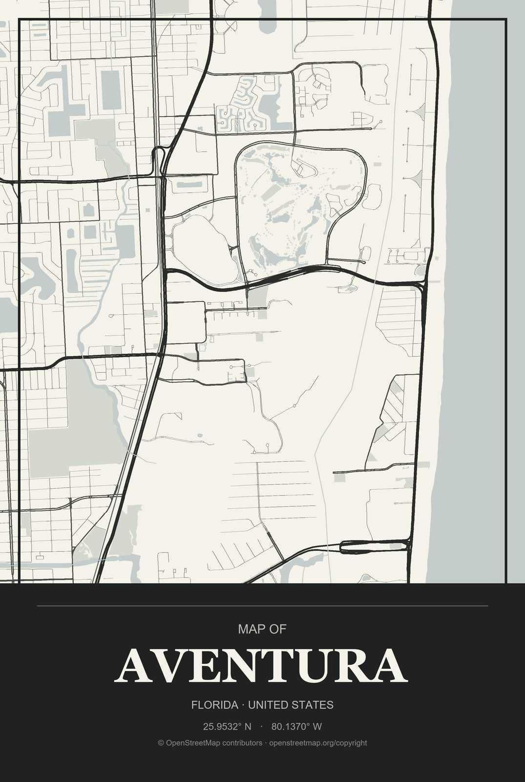 Aventura, Florida City Map Aluminum Sign in Museum Plaque style