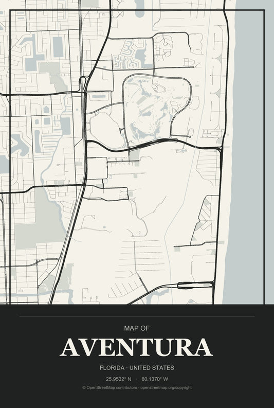 Aventura, Florida City Map Aluminum Sign in Museum Plaque style
