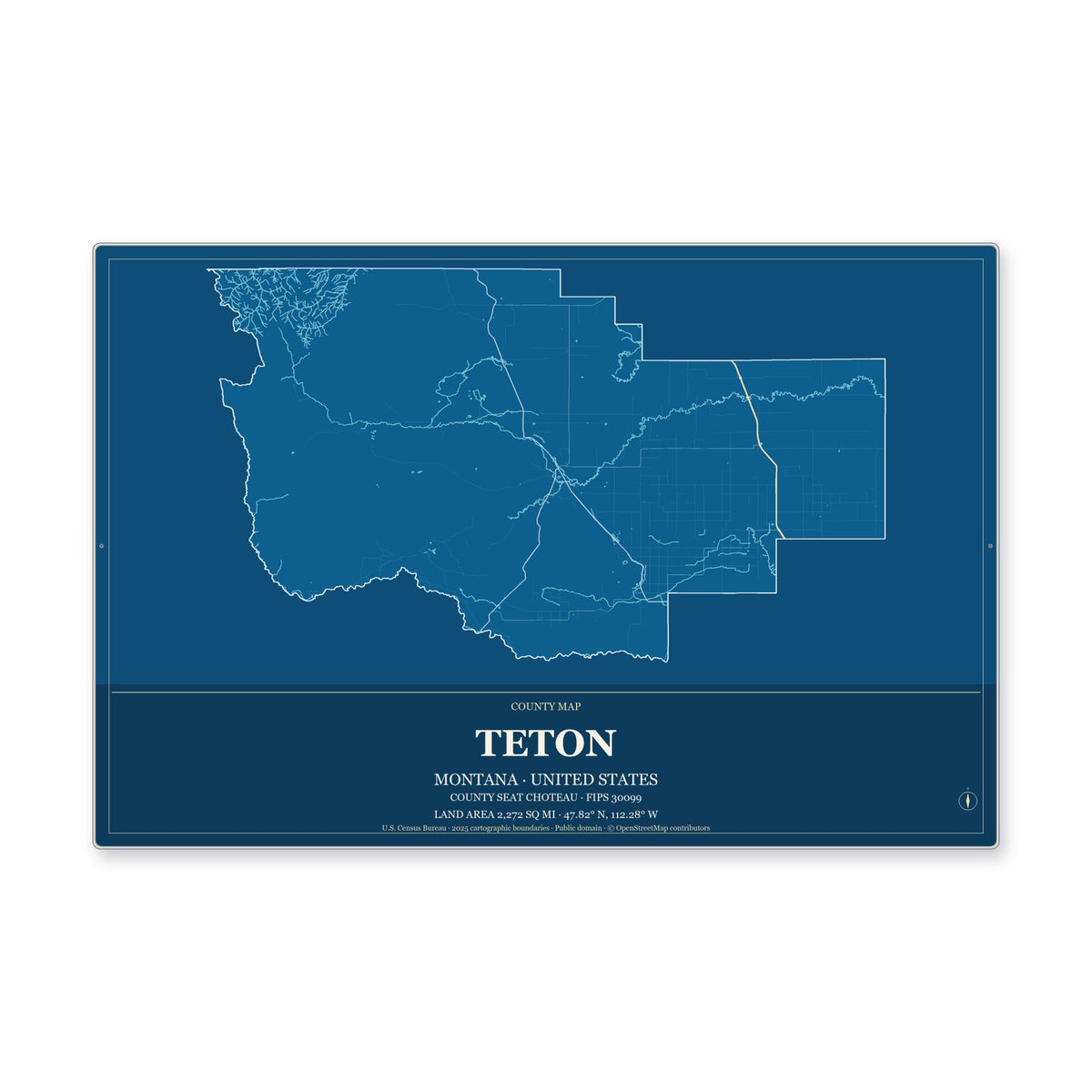 Teton County, Montana Map Aluminum Sign in Harbor Cobalt style