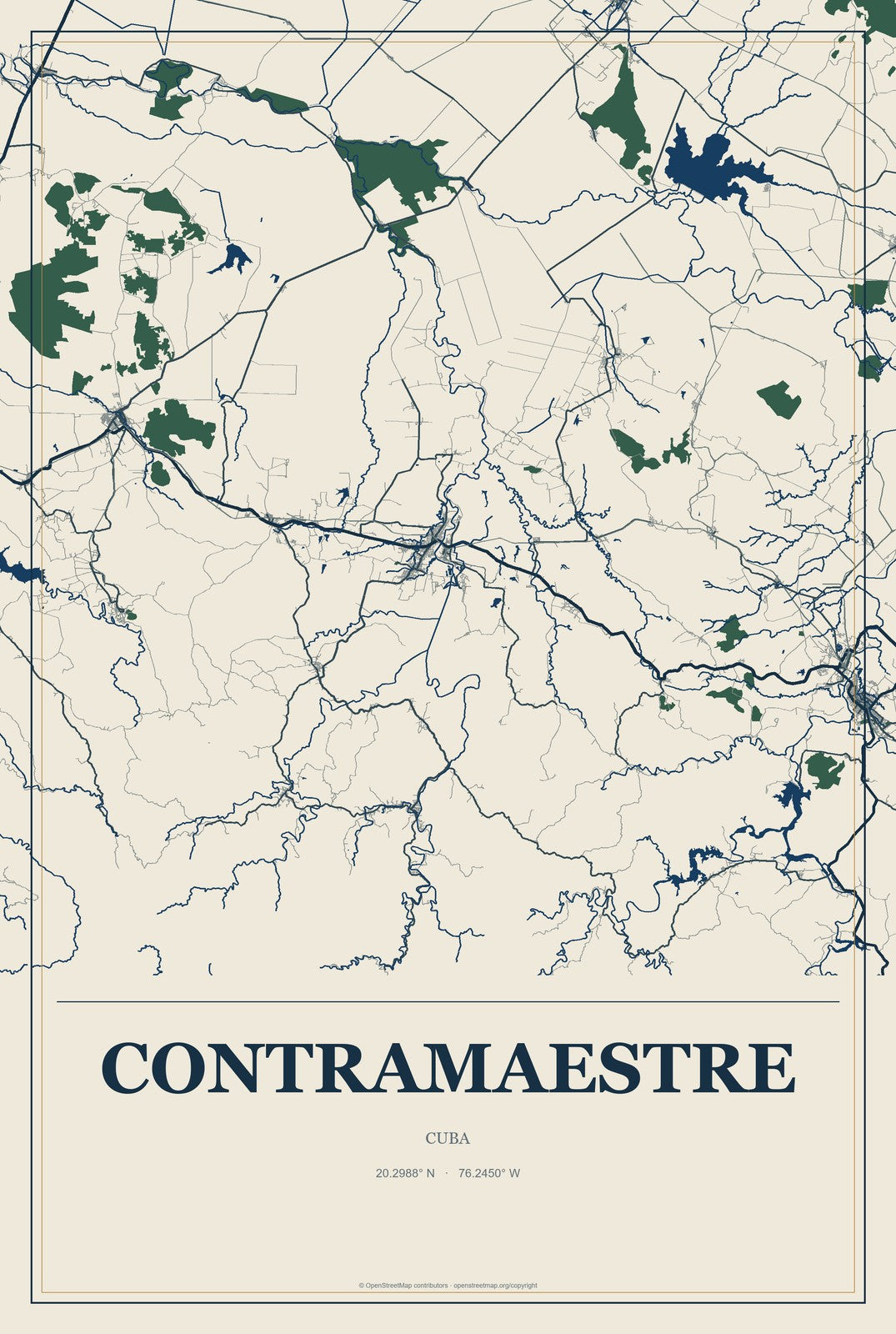 Contramaestre, Cuba City Map Aluminum Sign in Coastal Cutout style