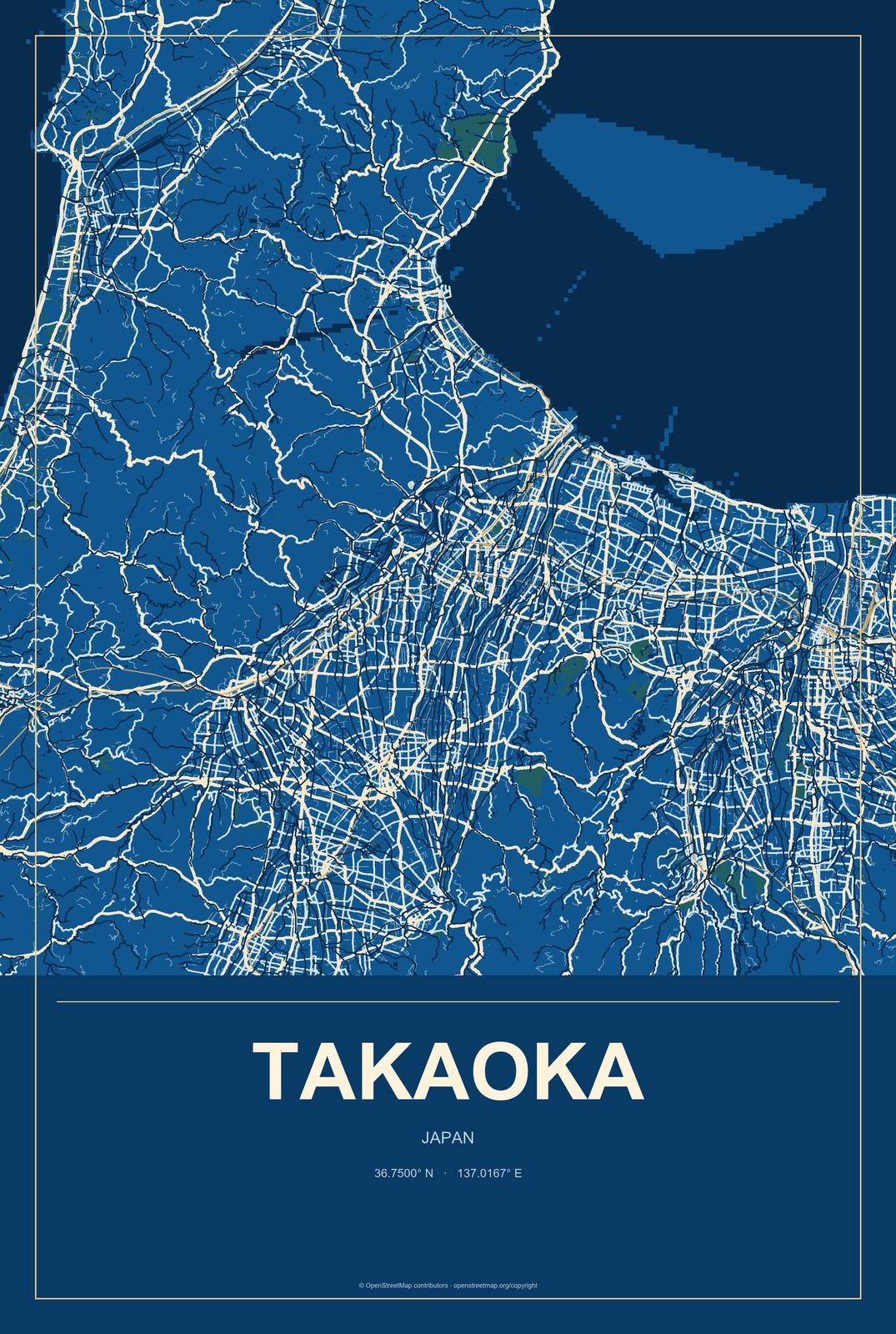 Takaoka, Japan City Map Aluminum Sign in Harbor Cobalt style