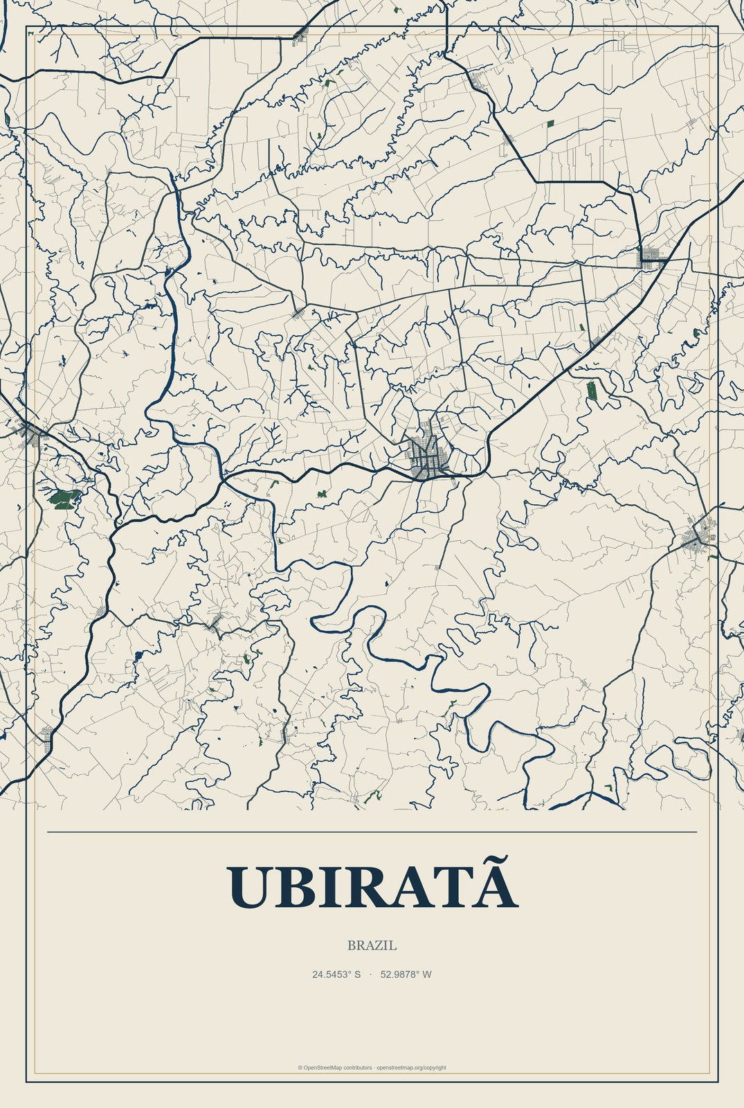 Ubiratã, Brazil City Map Aluminum Sign in Coastal Cutout style