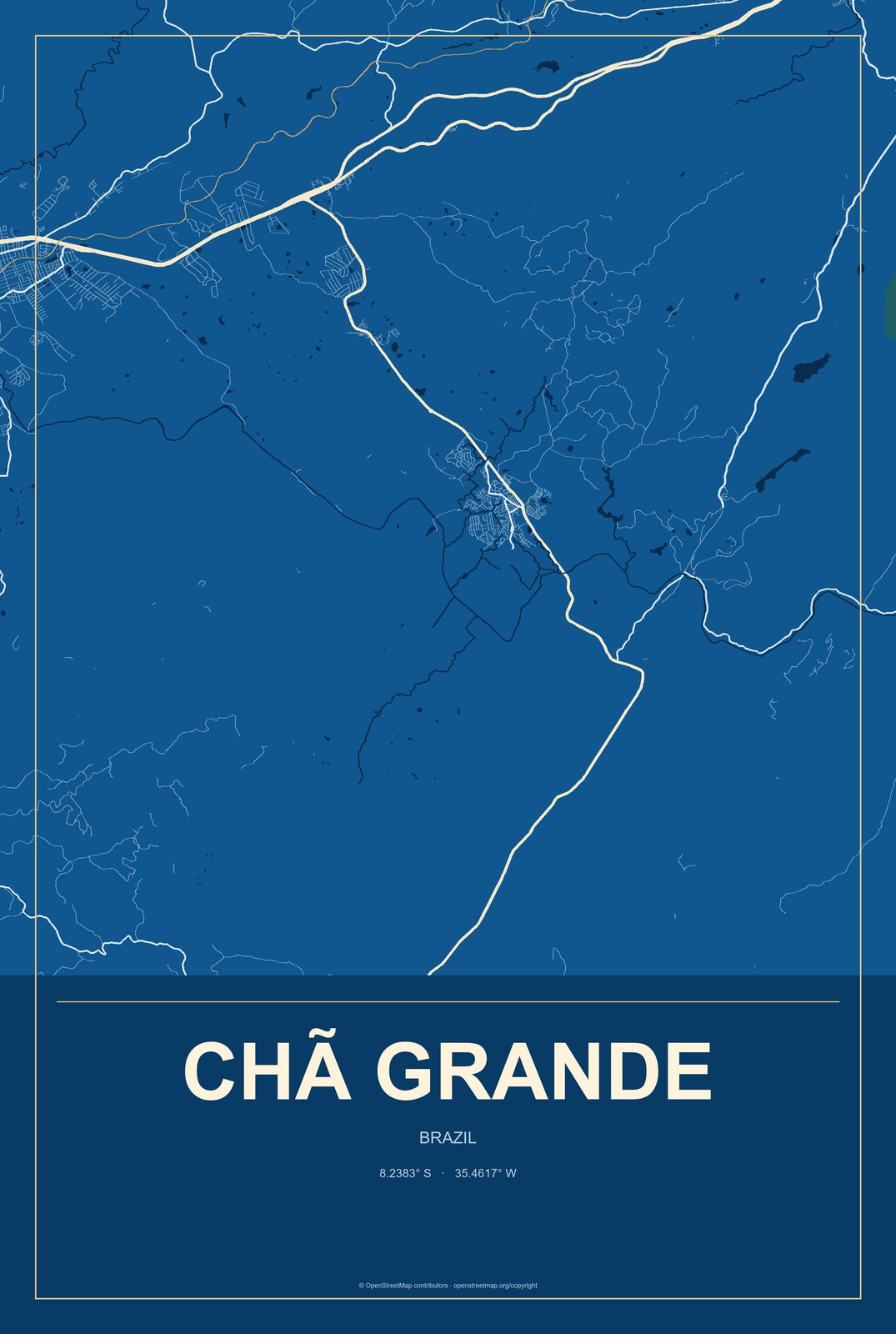 Chã Grande, Brazil City Map Aluminum Sign in Harbor Cobalt style