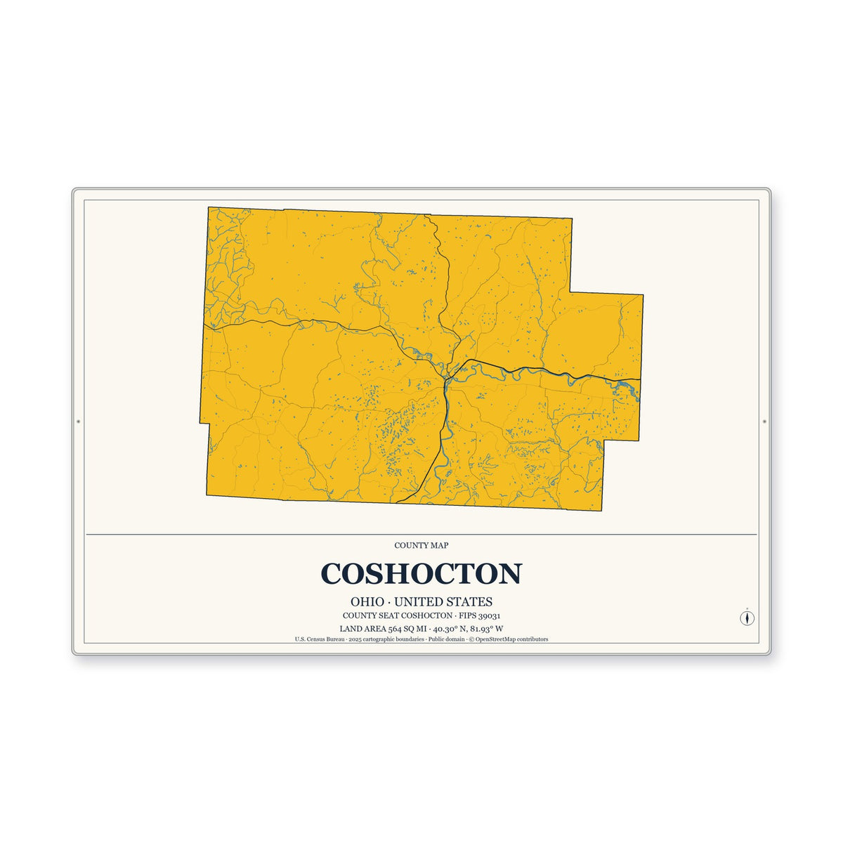 Coshocton County, Ohio Map Aluminum Sign in Citrine Modern style