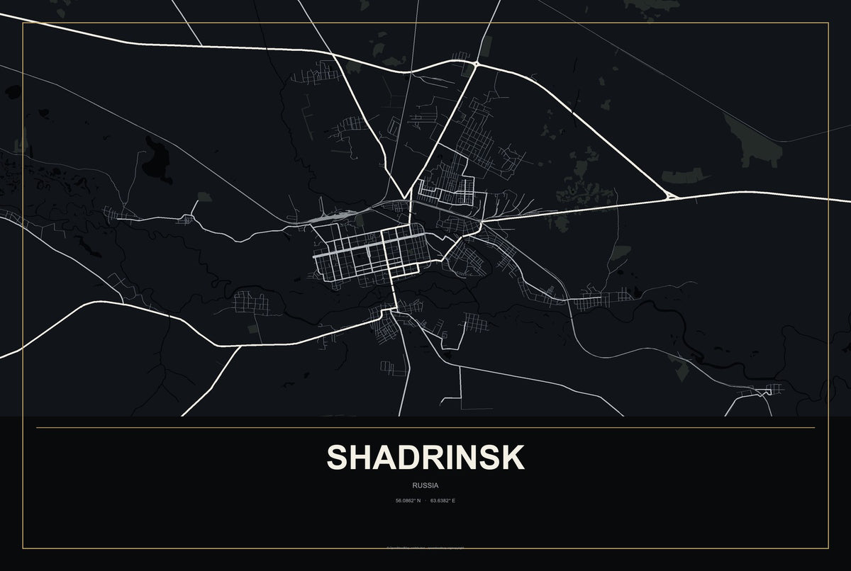 Shadrinsk, Russia City Map Aluminum Sign in Metropolitan Noir style