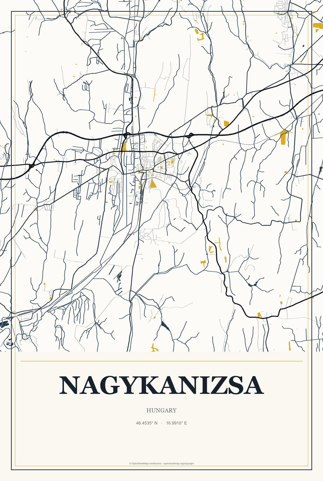 Nagykanizsa, Hungary City Map Aluminum Sign in Citrine Modern style