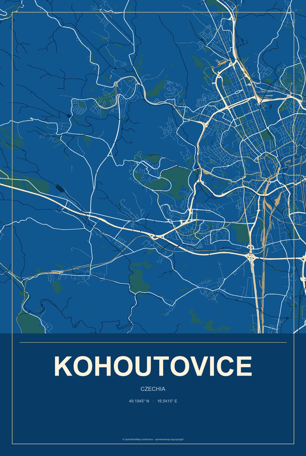 Kohoutovice, Czechia City Map Aluminum Sign in Harbor Cobalt style