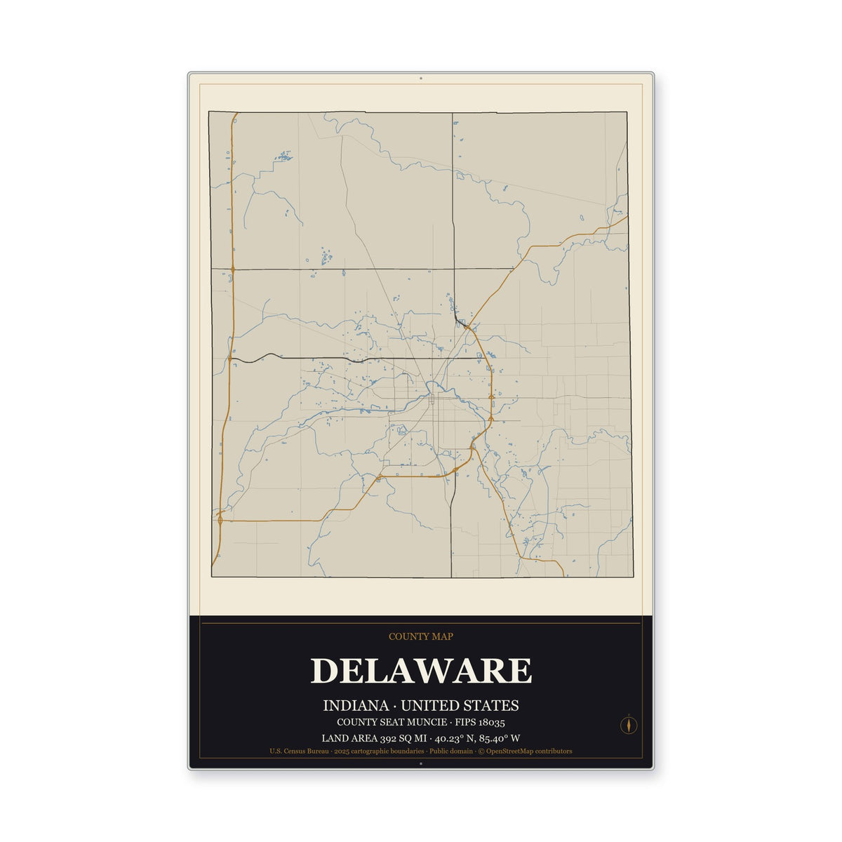 Delaware County, Indiana Map Aluminum Sign in Museum Plaque style