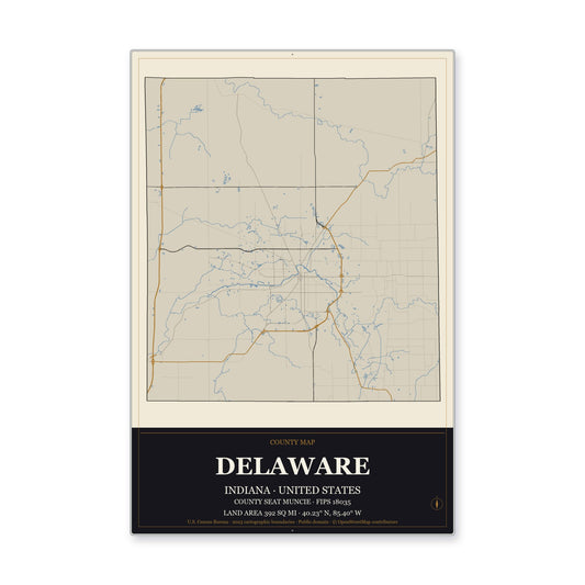 Delaware County, Indiana Map Aluminum Sign in Museum Plaque style