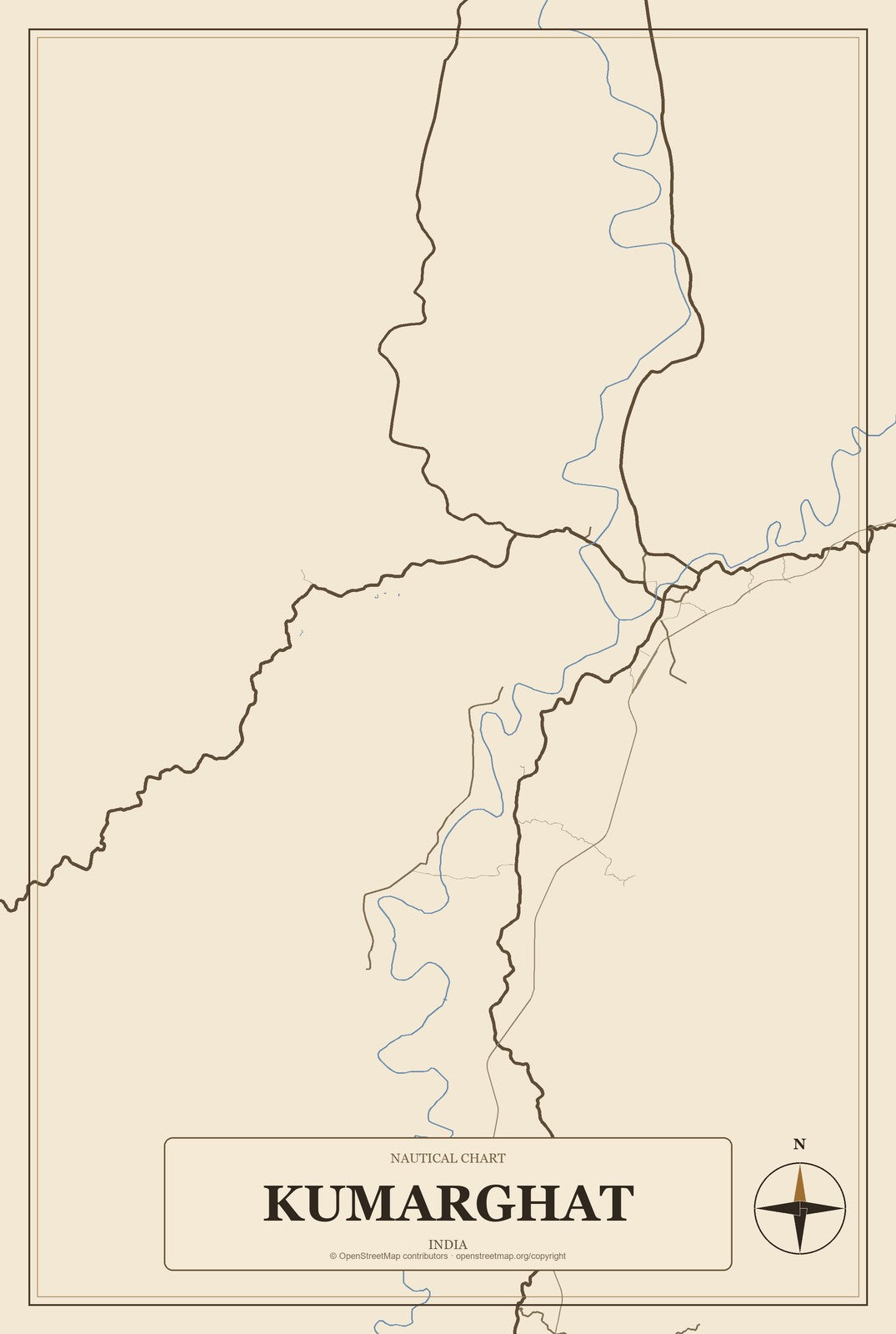 Kumarghat, India City Map Aluminum Sign in Heritage Nautical style