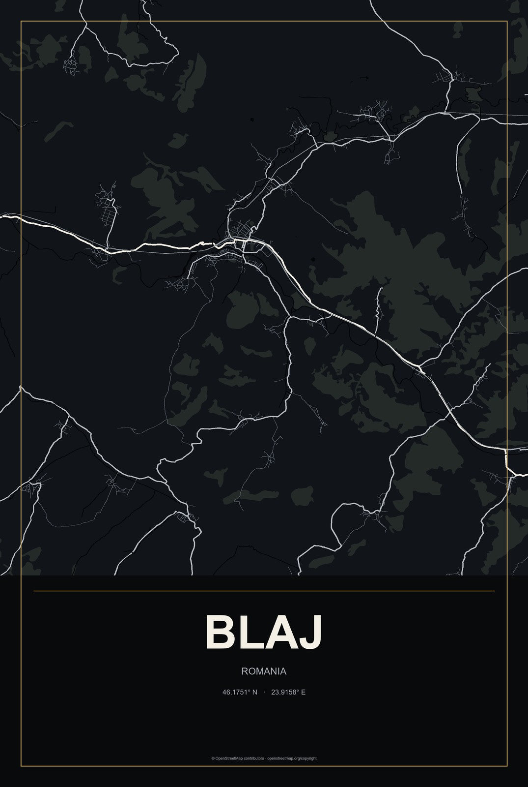 Blaj, Romania City Map Aluminum Sign in Metropolitan Noir style