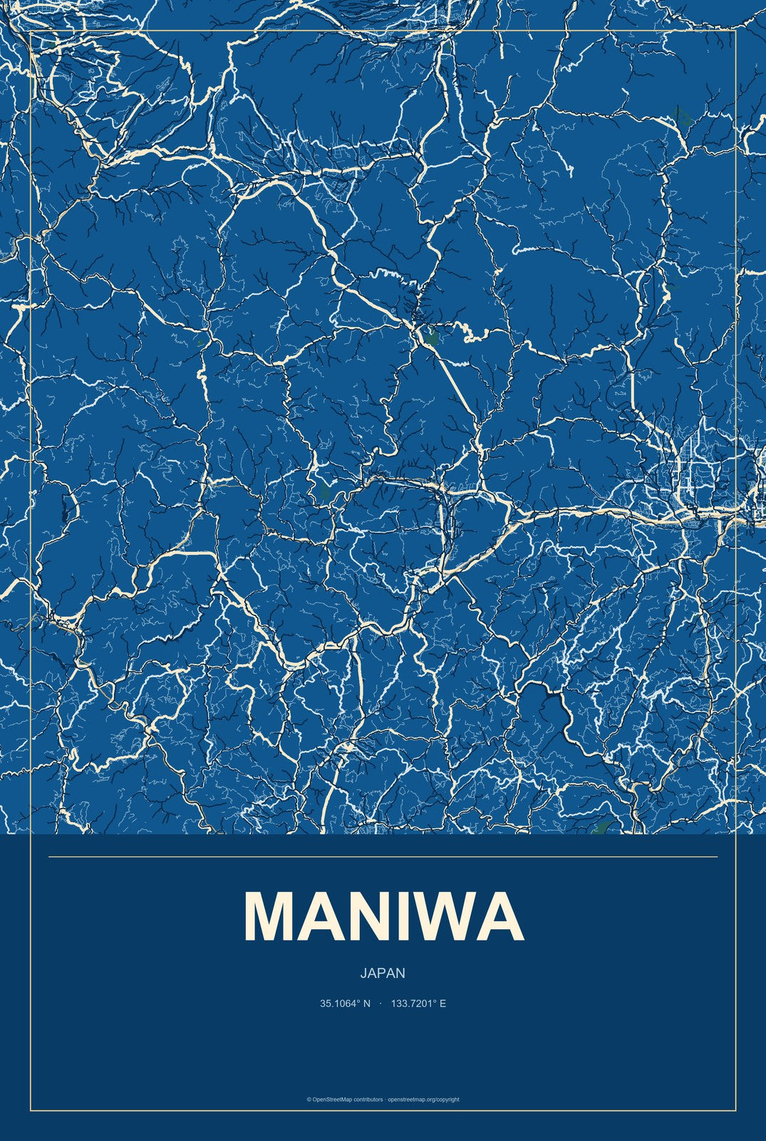 Maniwa, Japan City Map Aluminum Sign in Harbor Cobalt style