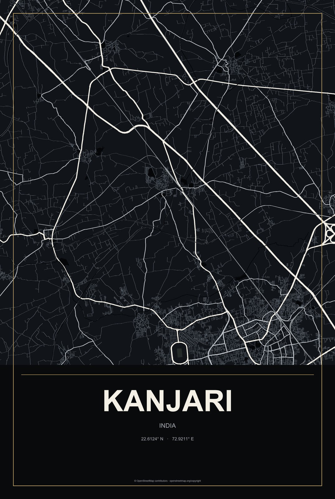 Kanjari, India City Map Aluminum Sign in Metropolitan Noir style