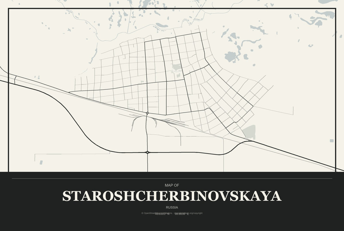 Staroshcherbinovskaya, Russia City Map Aluminum Sign in Museum Plaque style