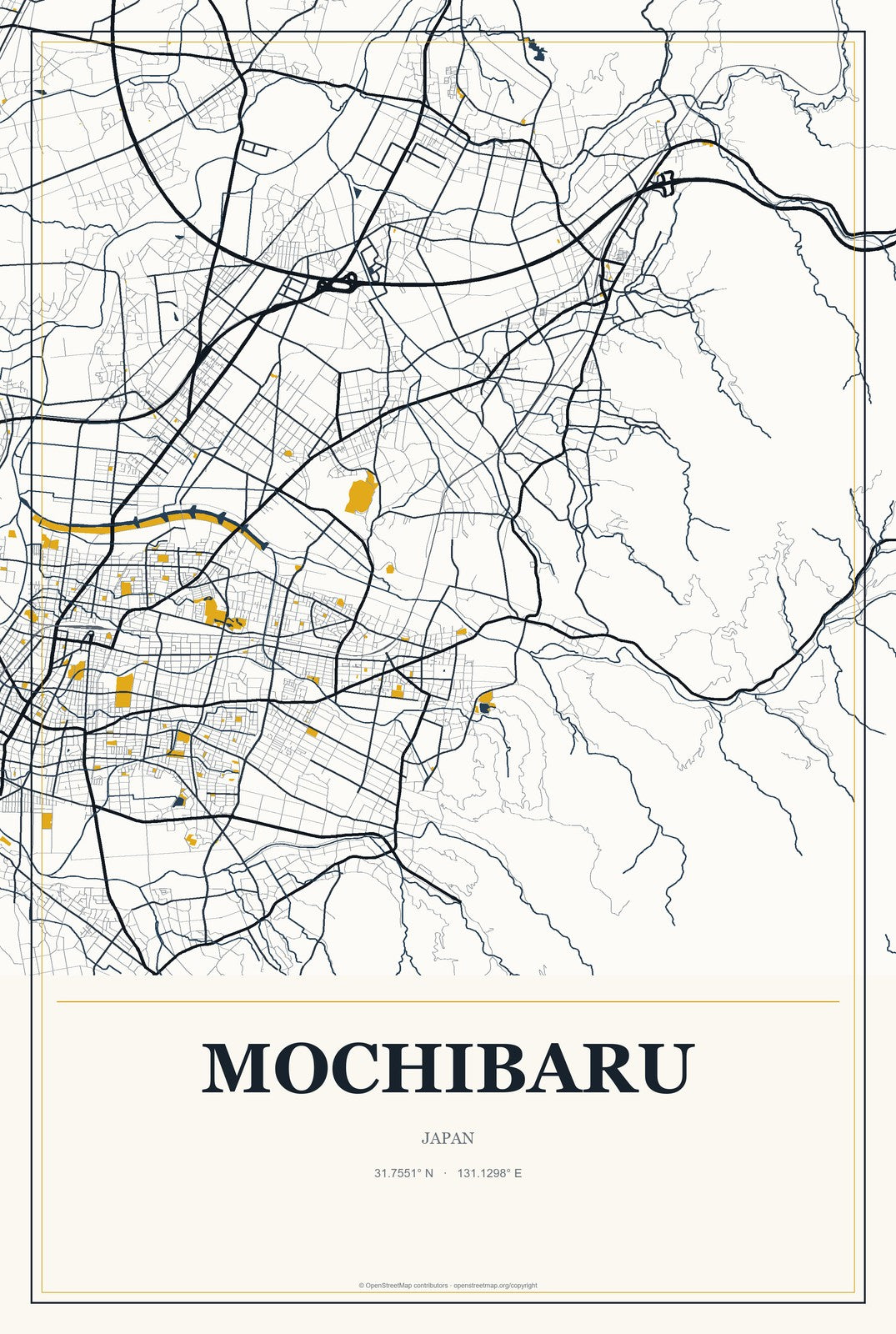 Mochibaru, Japan City Map Aluminum Sign in Citrine Modern style