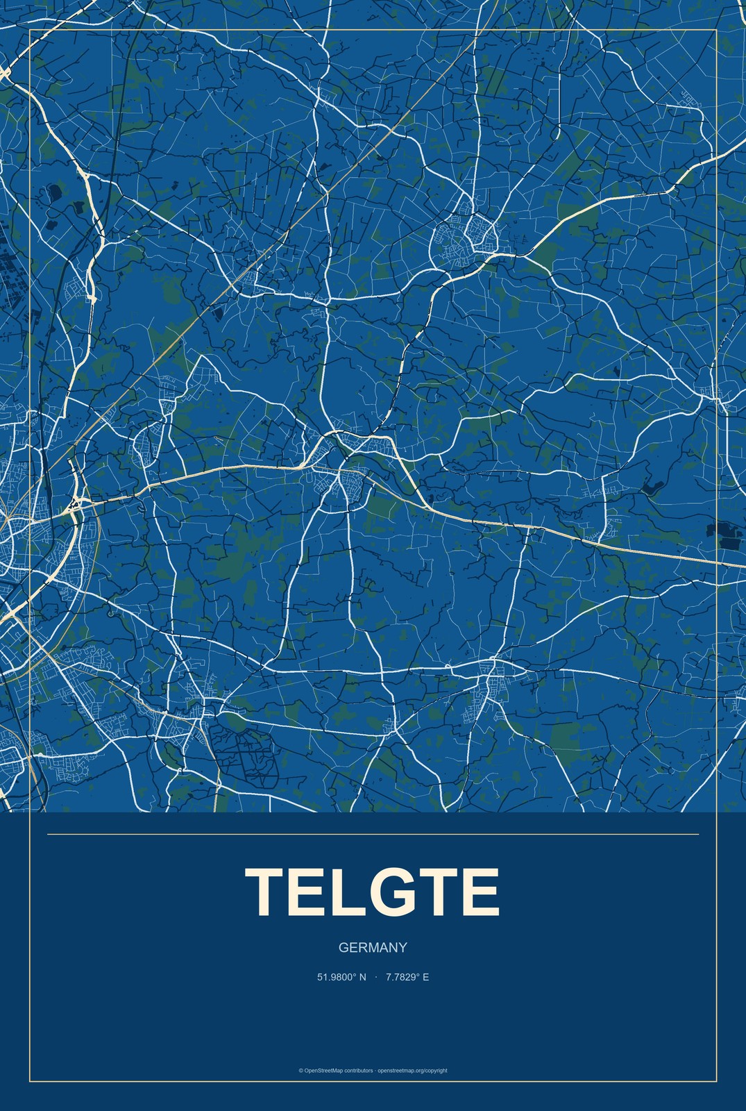 Telgte, Germany City Map Aluminum Sign in Harbor Cobalt style