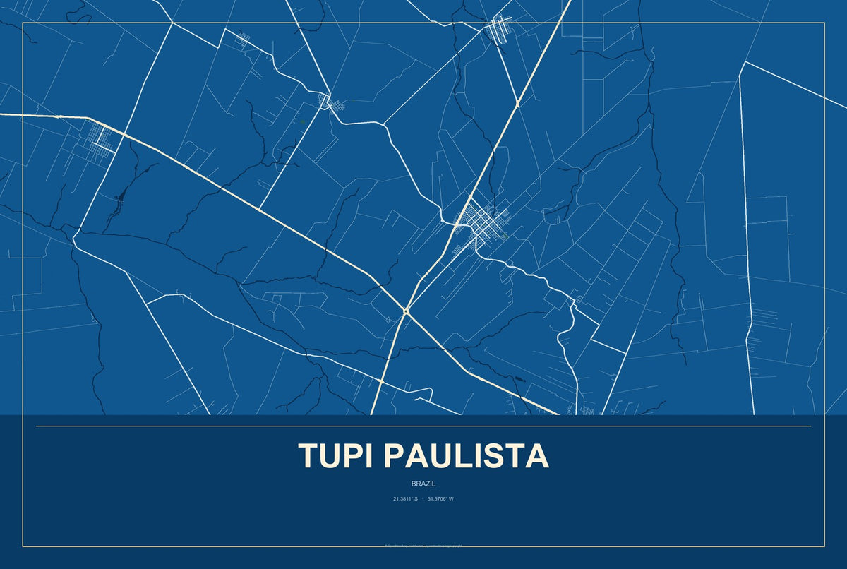 Tupi Paulista, Brazil City Map Aluminum Sign in Harbor Cobalt style