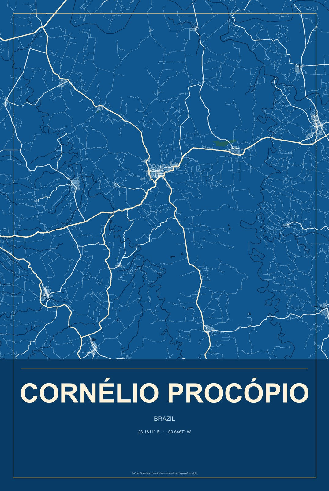 Cornélio Procópio, Brazil City Map Aluminum Sign in Harbor Cobalt style