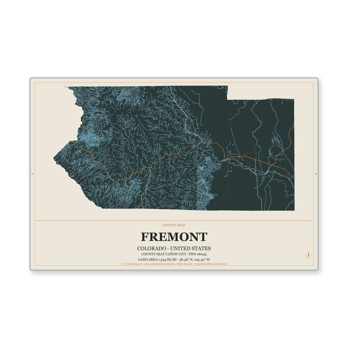 Fremont County, Colorado Map Aluminum Sign in Headline Atlas style