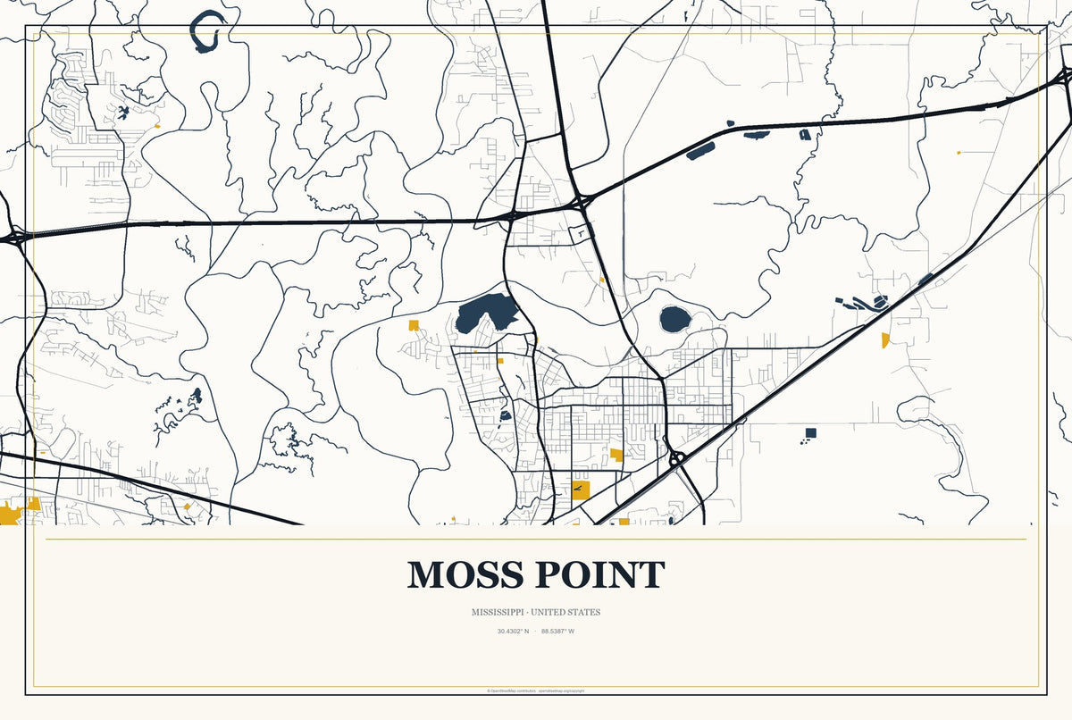 Moss Point, Mississippi City Map Aluminum Sign in Citrine Modern style