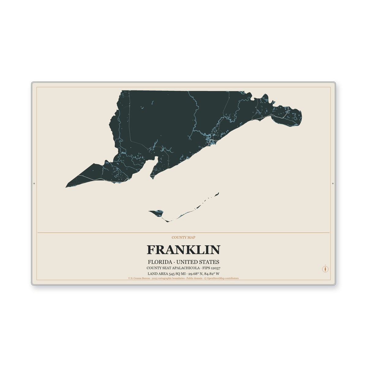 Franklin County, Florida Map Aluminum Sign in Headline Atlas style