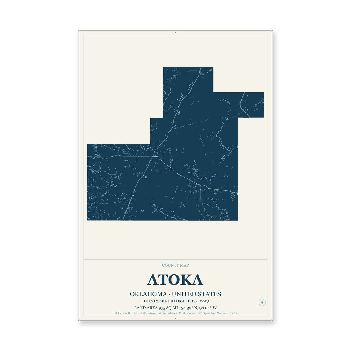 Atoka County, Oklahoma Map Aluminum Sign in Coastal Cutout style