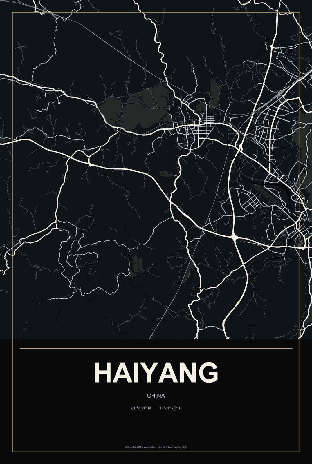 Haiyang, China City Map Aluminum Sign in Metropolitan Noir style
