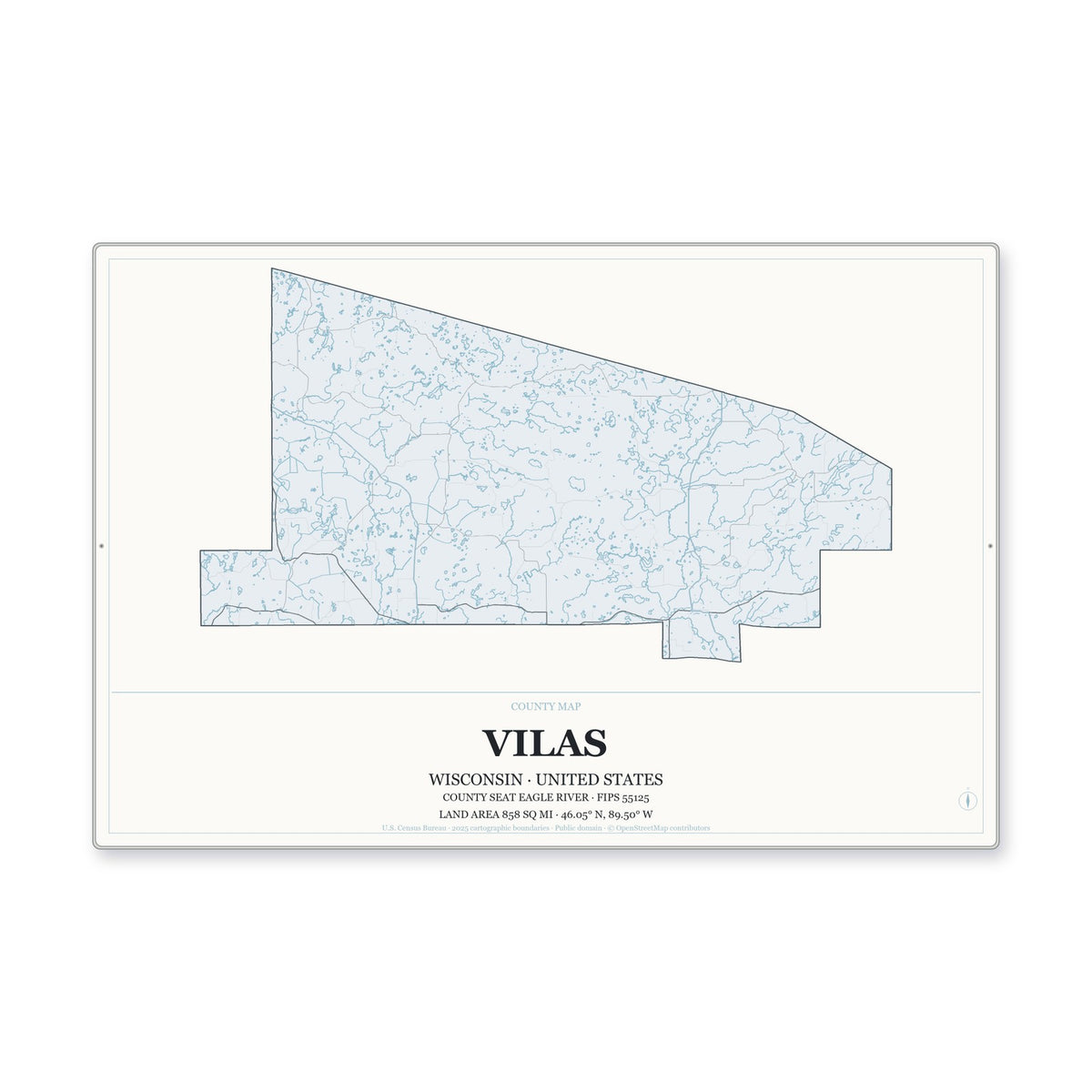 Vilas County, Wisconsin Map Aluminum Sign in Gallery Air style