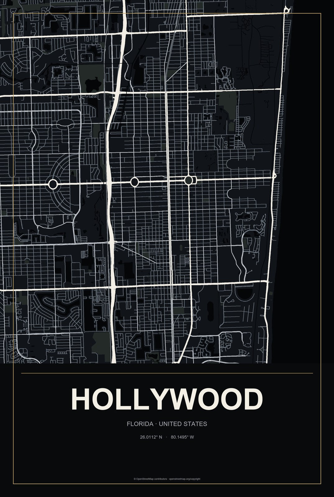 Hollywood, Florida City Map Aluminum Sign in Metropolitan Noir style