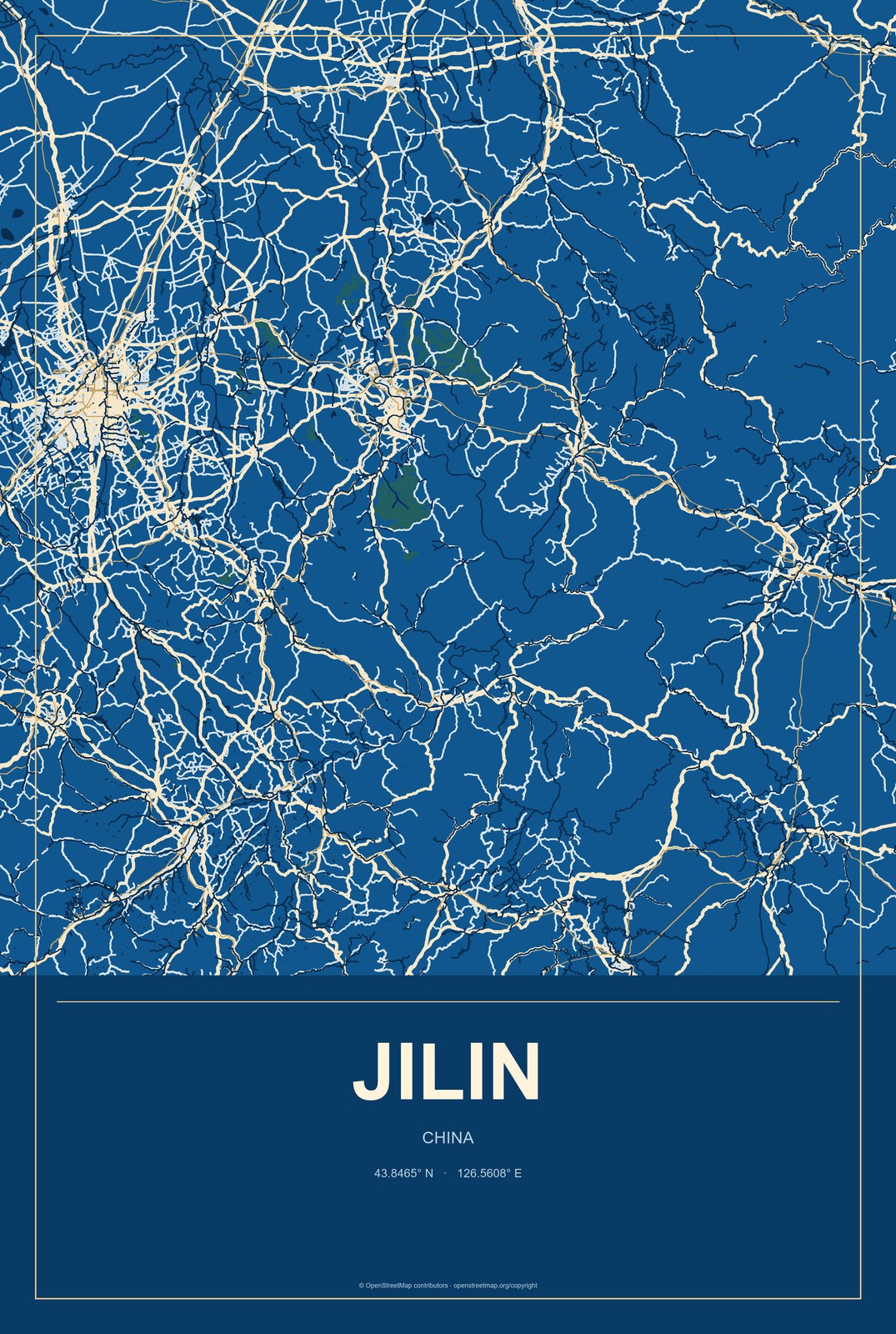 Jilin, China City Map Aluminum Sign in Harbor Cobalt style