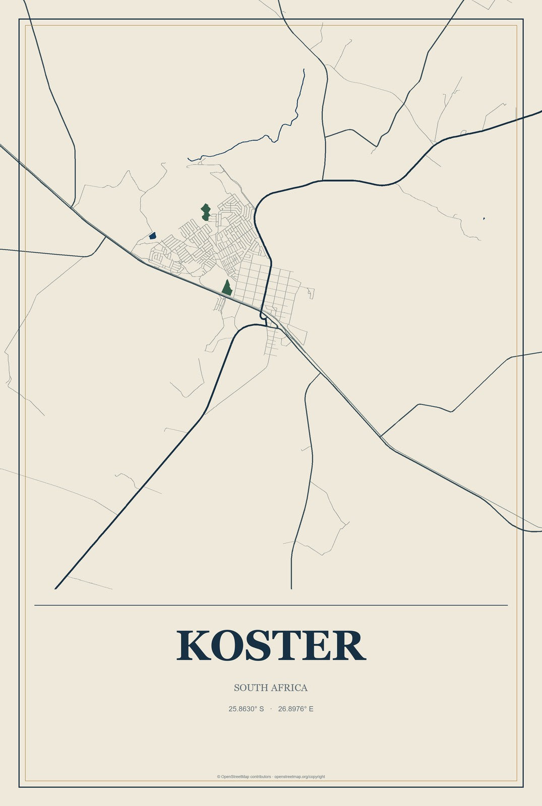 Koster, South Africa City Map Aluminum Sign in Coastal Cutout style