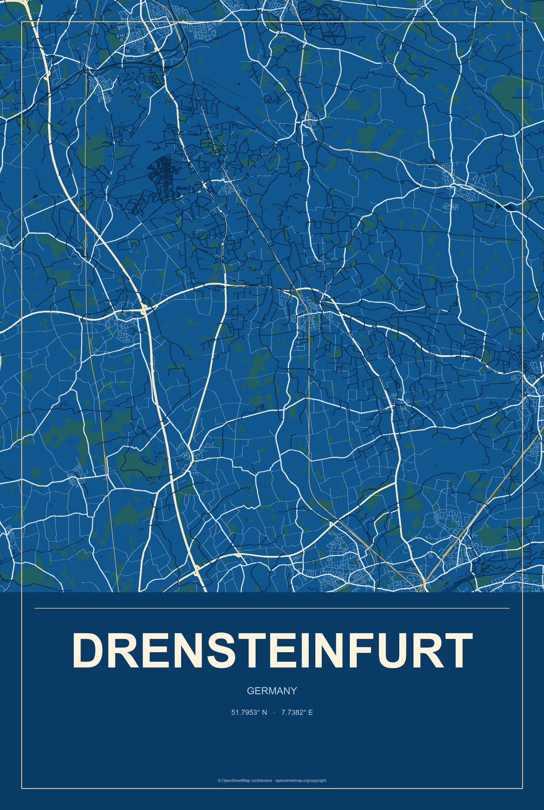 Drensteinfurt, Germany City Map Aluminum Sign in Harbor Cobalt style