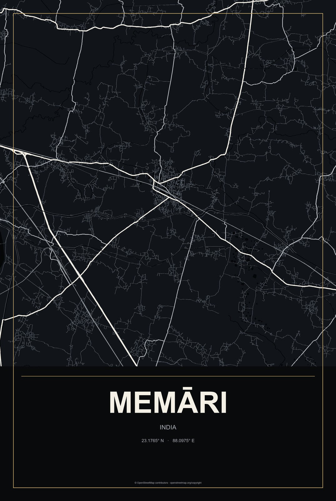 Memāri, India City Map Aluminum Sign in Metropolitan Noir style