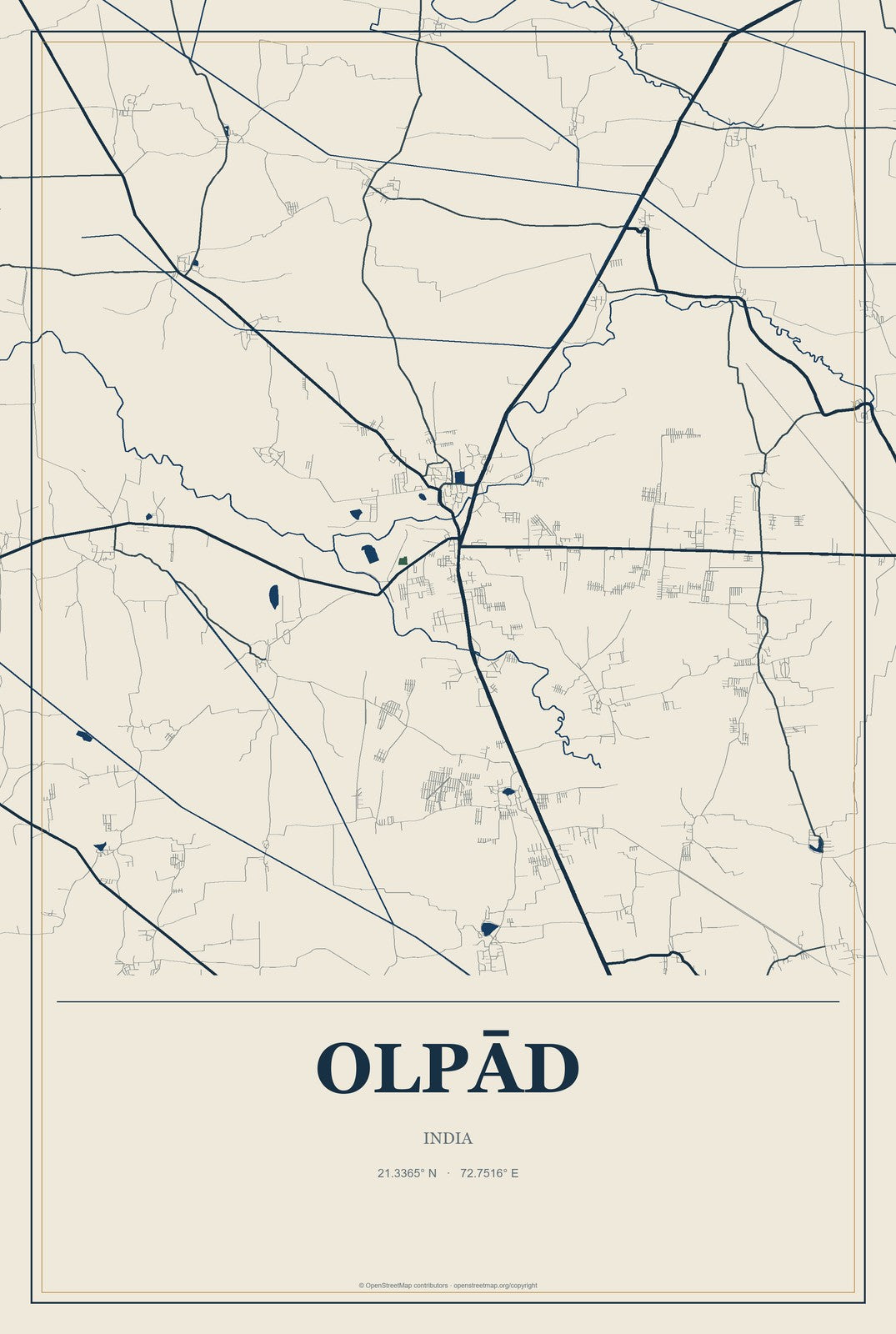 Olpād, India City Map Aluminum Sign in Coastal Cutout style