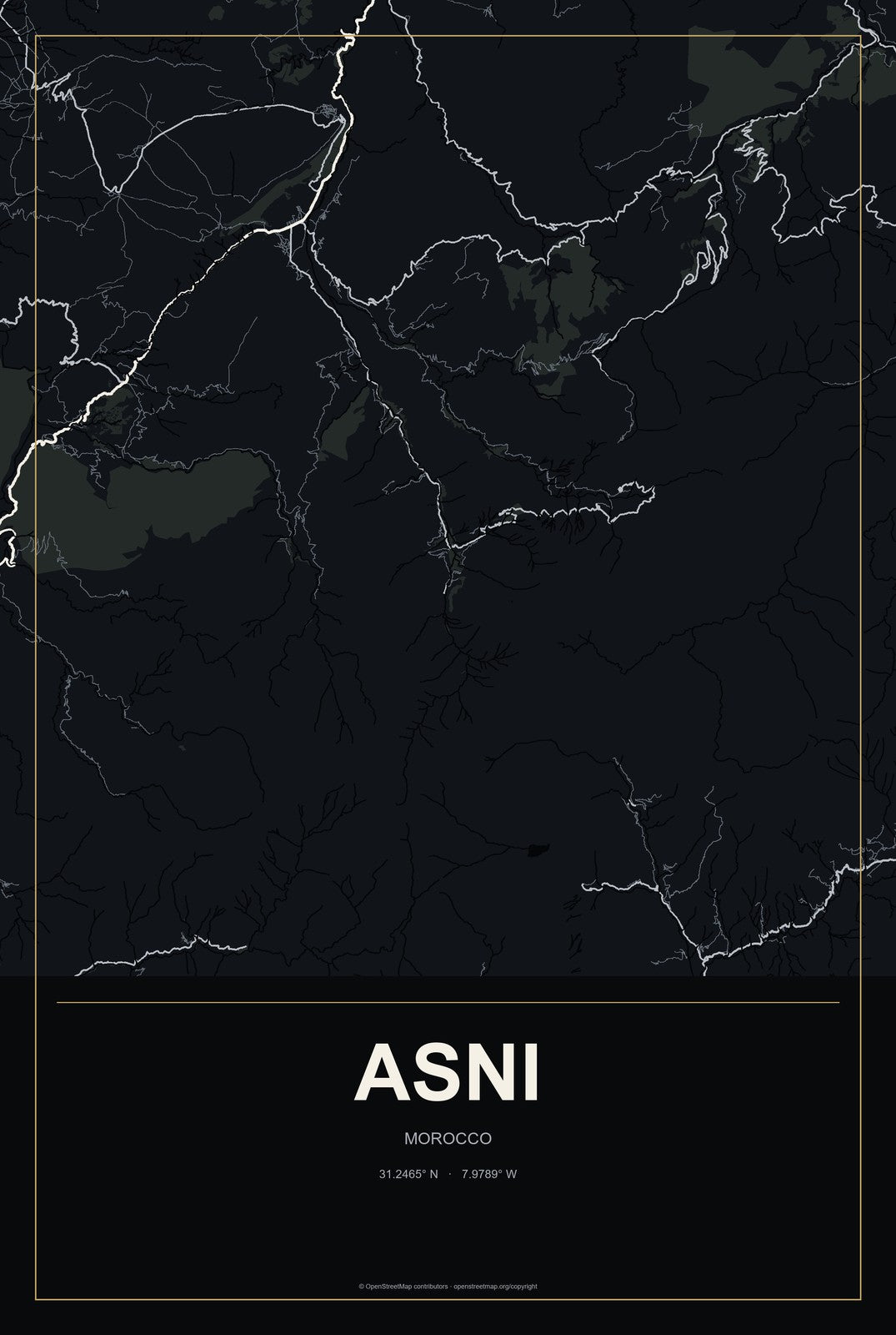 Asni, Morocco City Map Aluminum Sign in Metropolitan Noir style