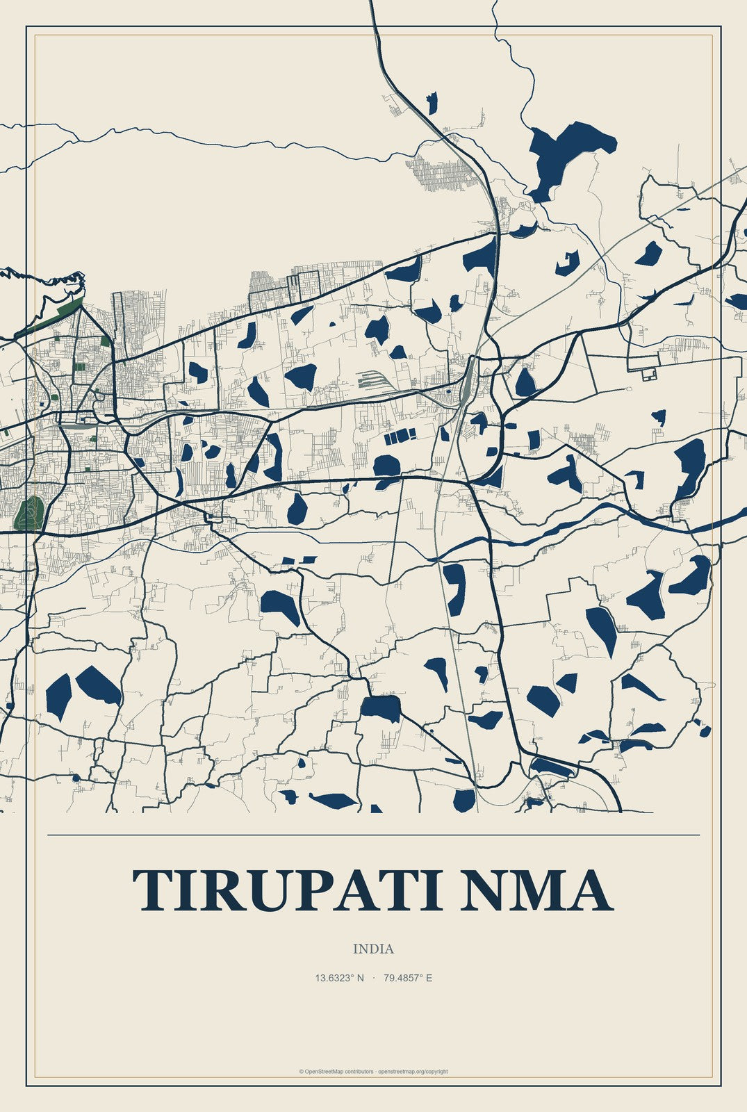 Tirupati NMA, India City Map Aluminum Sign in Coastal Cutout style