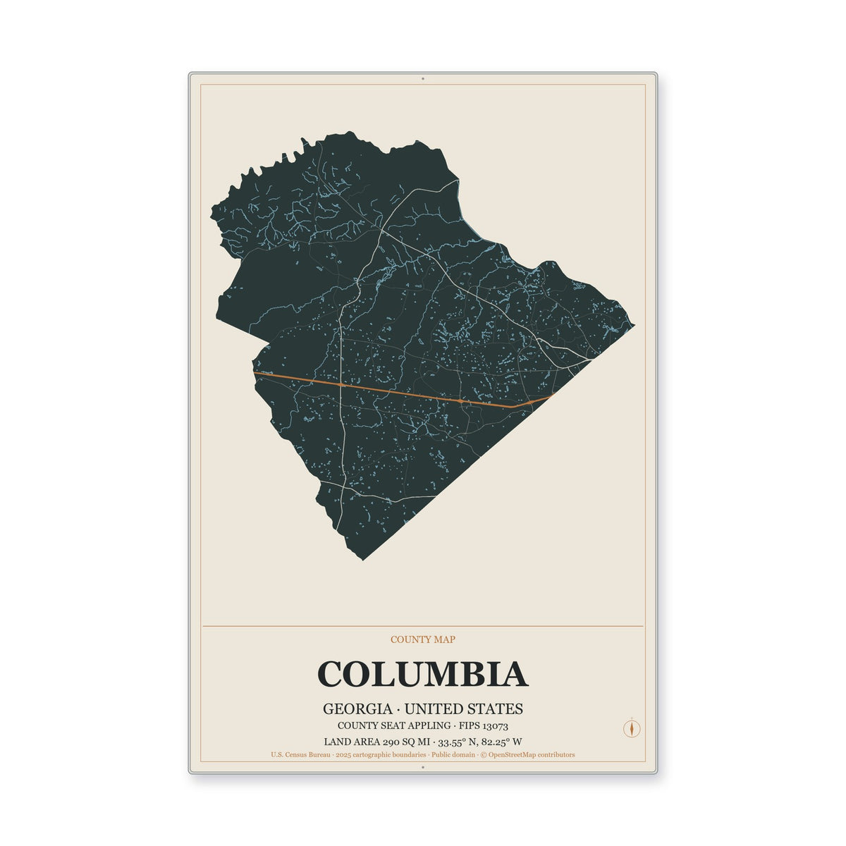 Columbia County, Georgia Map Aluminum Sign in Headline Atlas style