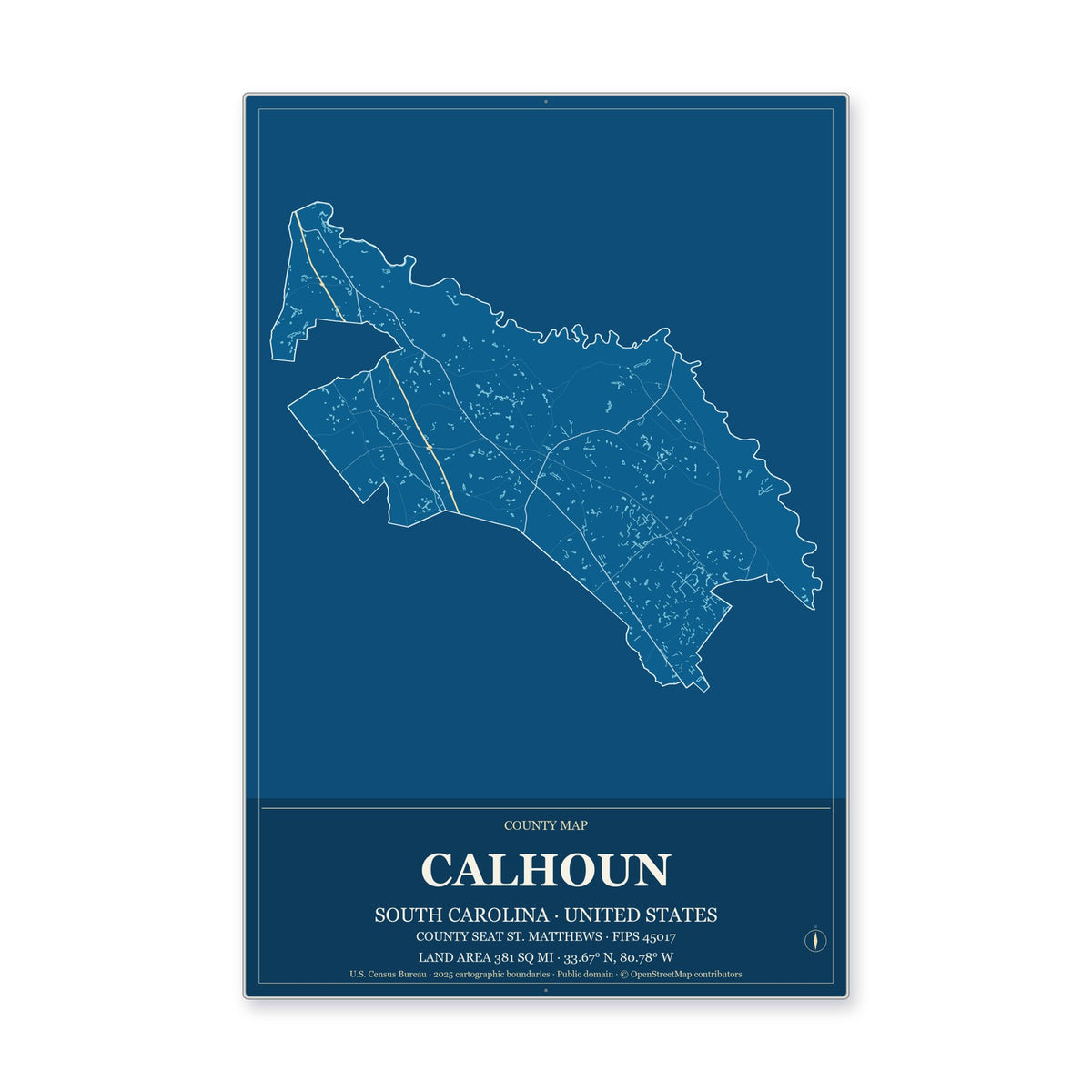 Calhoun County, South Carolina Map Aluminum Sign in Harbor Cobalt style