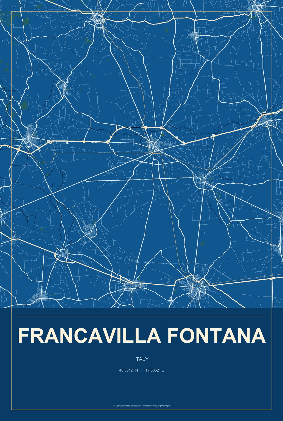 Francavilla Fontana, Italy City Map Aluminum Sign in Harbor Cobalt style