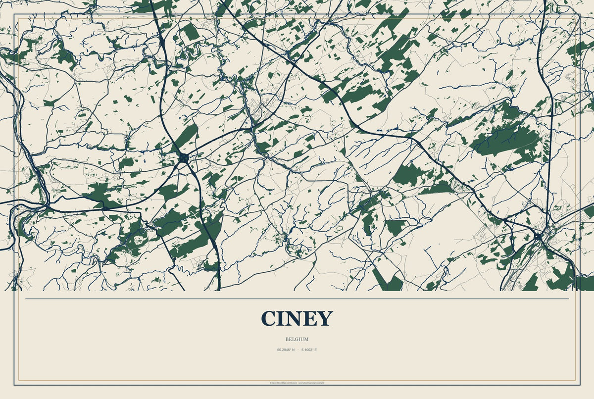 Ciney, Belgium City Map Aluminum Sign in Coastal Cutout style
