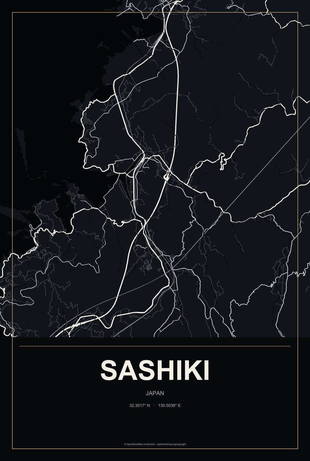 Sashiki, Japan City Map Aluminum Sign in Metropolitan Noir style