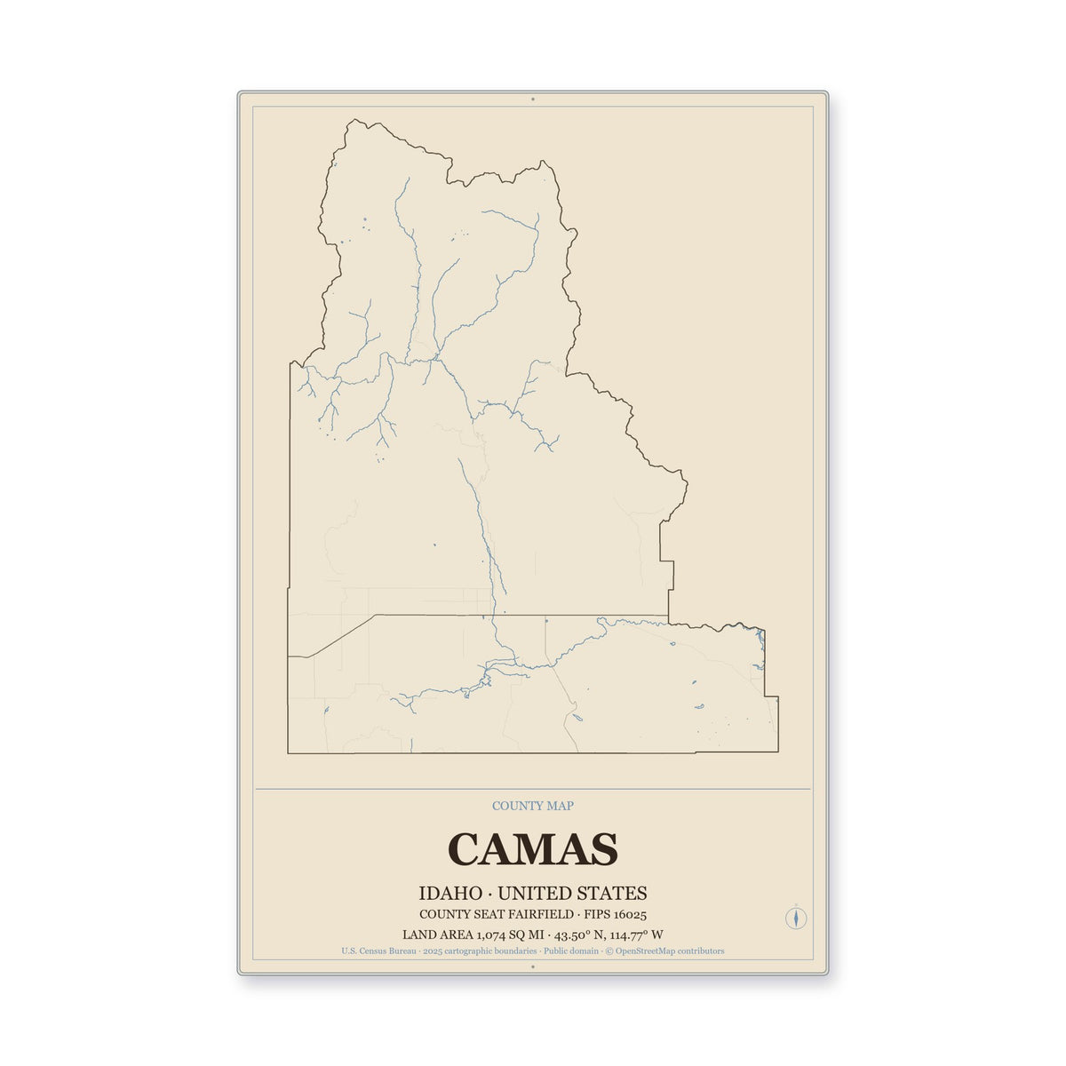 Camas County, Idaho Map Aluminum Sign in Heritage Nautical style