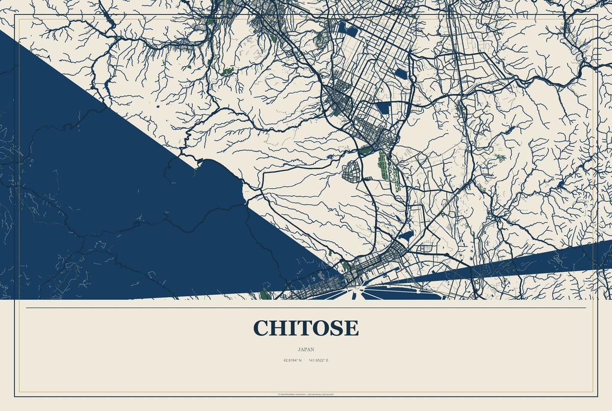 Chitose, Japan City Map Aluminum Sign in Coastal Cutout style