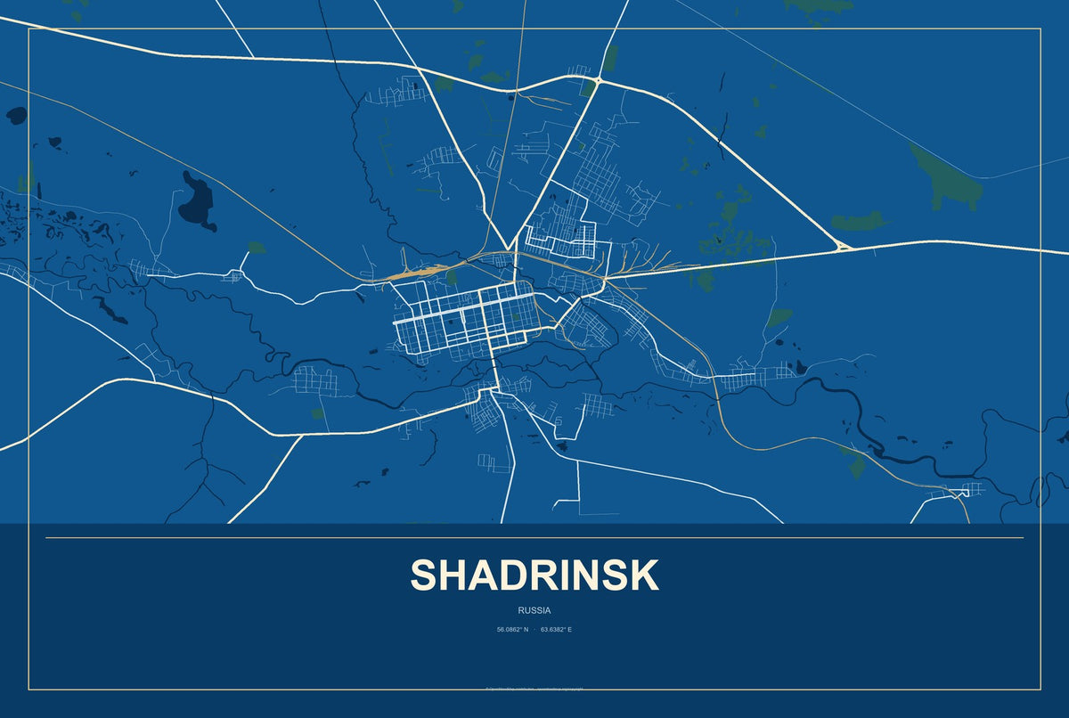 Shadrinsk, Russia City Map Aluminum Sign in Harbor Cobalt style