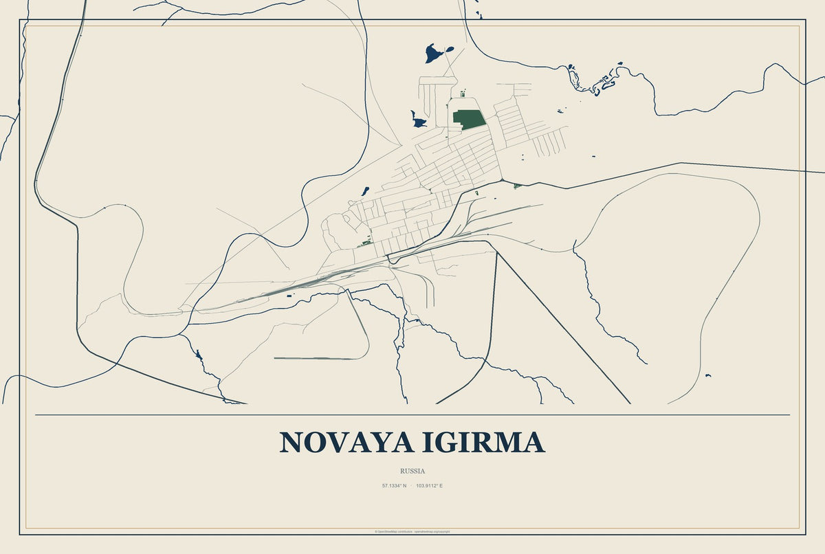 Novaya Igirma, Russia City Map Aluminum Sign in Coastal Cutout style