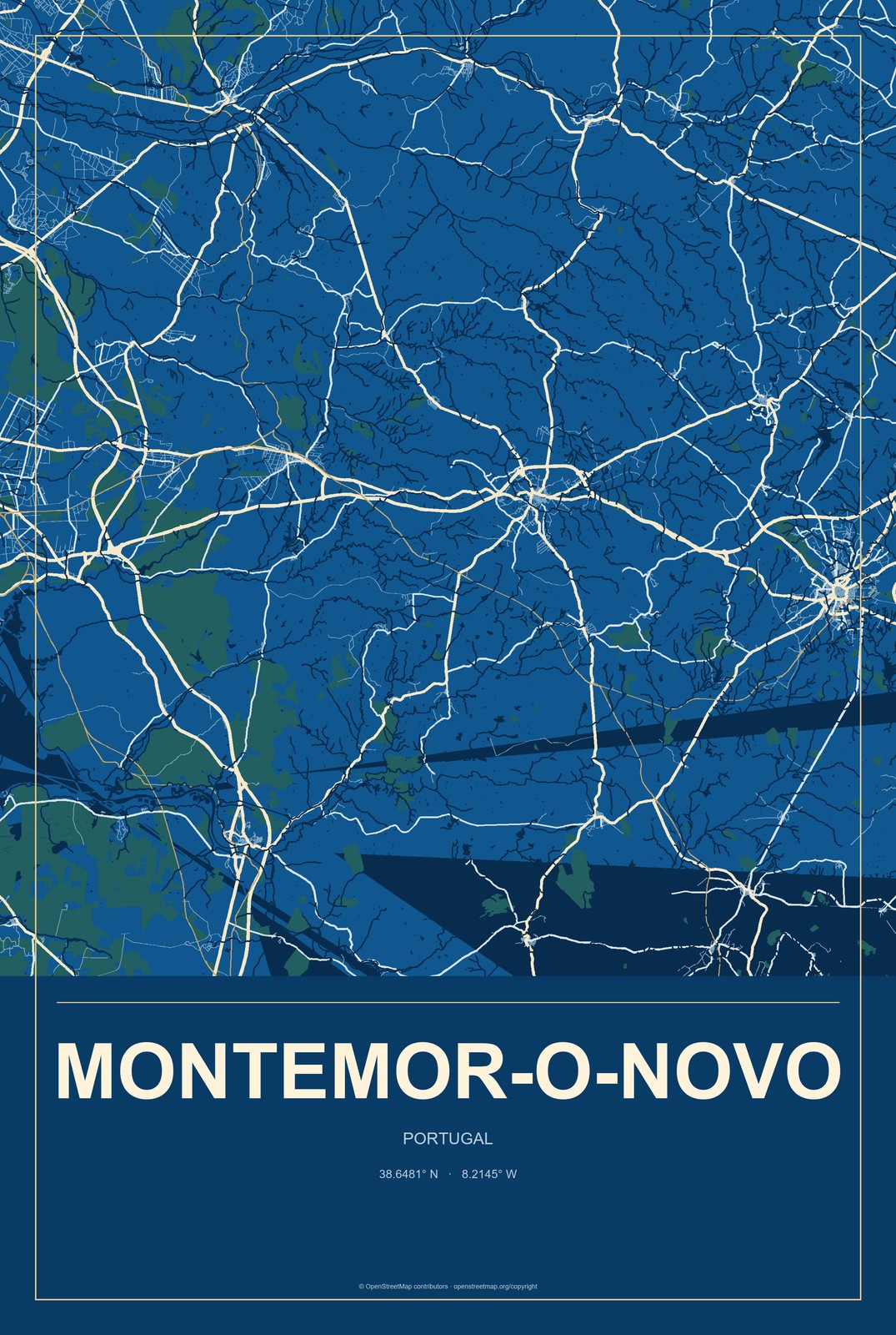 Montemor-o-Novo, Portugal City Map Aluminum Sign in Harbor Cobalt style