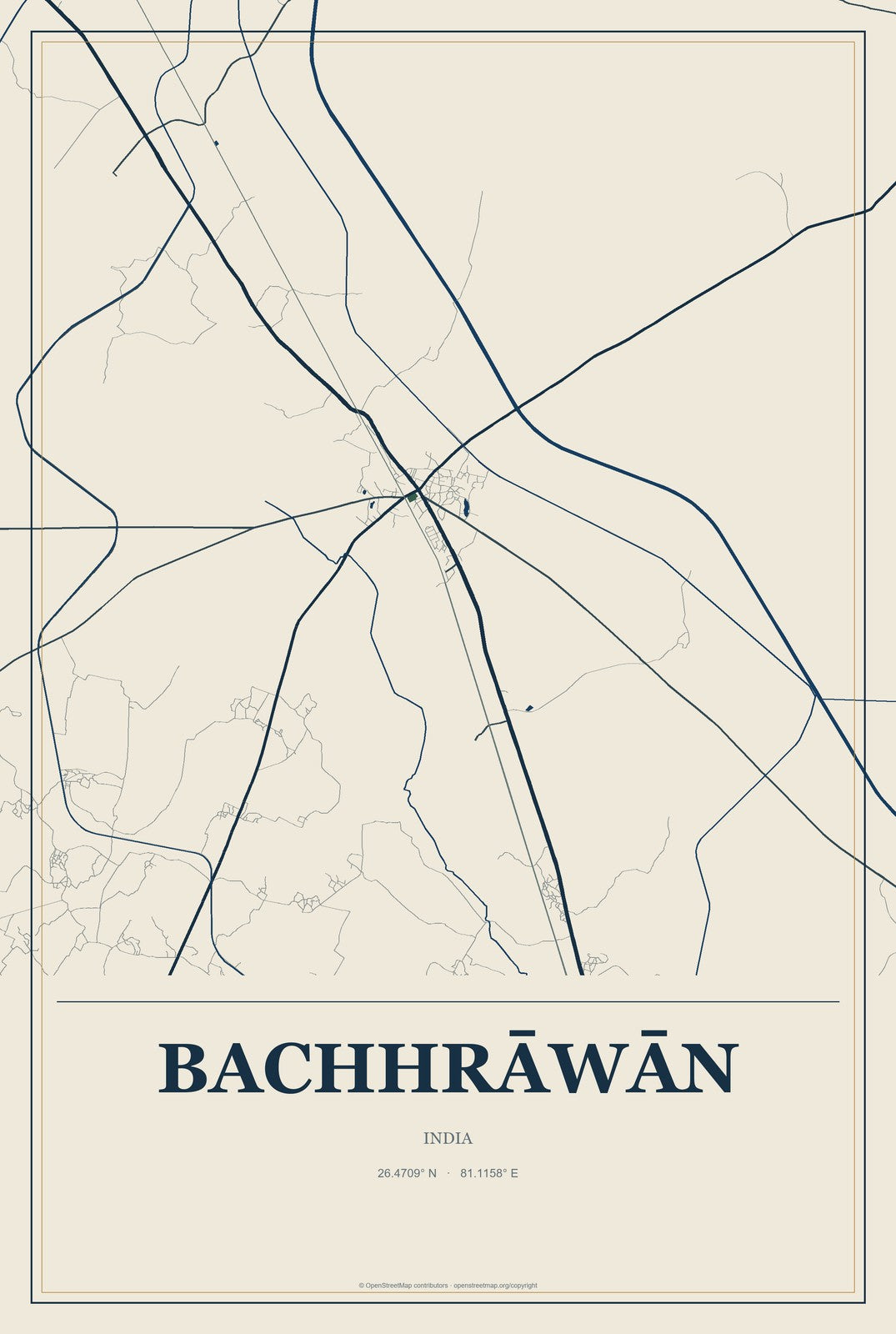 Bachhrāwān, India City Map Aluminum Sign in Coastal Cutout style